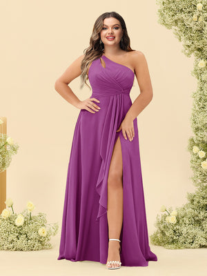 A-Line/Princess One-Shoulder Long Bridesmaid Plus Size Dresses with Split Side