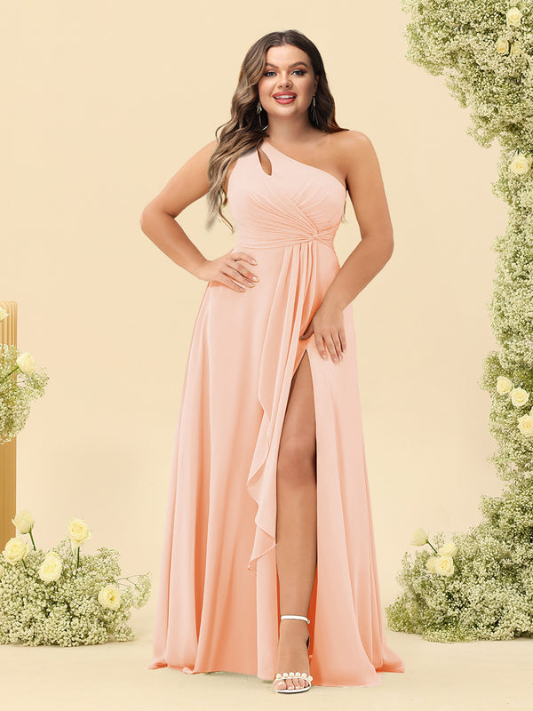A-Line/Princess One-Shoulder Long Bridesmaid Plus Size Dresses with Split Side