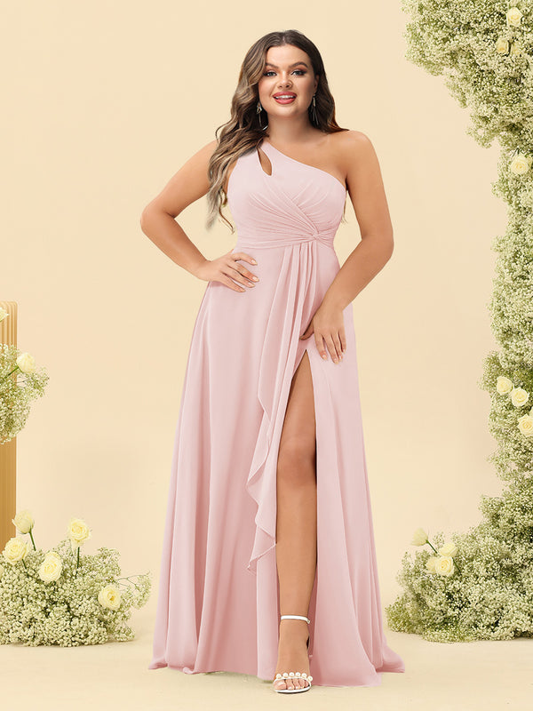 A-Line/Princess One-Shoulder Long Bridesmaid Plus Size Dresses with Split Side