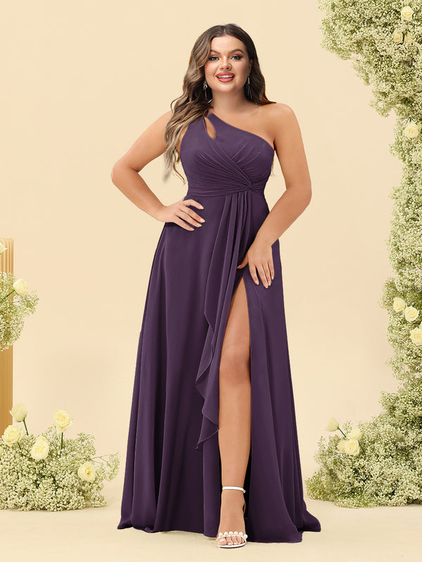 A-Line/Princess One-Shoulder Long Bridesmaid Plus Size Dresses with Split Side
