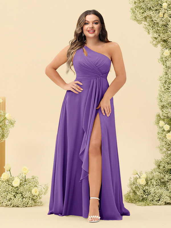 A-Line/Princess One-Shoulder Long Bridesmaid Plus Size Dresses with Split Side