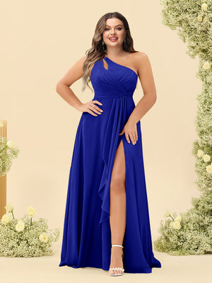 A-Line/Princess One-Shoulder Long Bridesmaid Plus Size Dresses with Split Side
