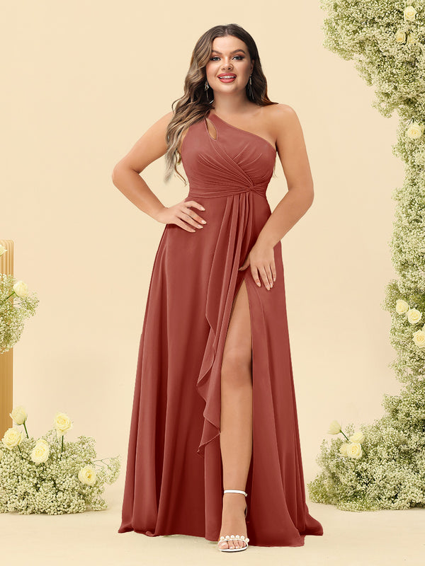 A-Line/Princess One-Shoulder Long Bridesmaid Plus Size Dresses with Split Side
