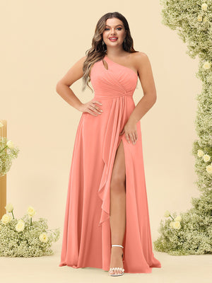 A-Line/Princess One-Shoulder Long Bridesmaid Plus Size Dresses with Split Side
