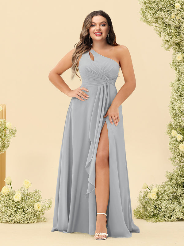 A-Line/Princess One-Shoulder Long Bridesmaid Plus Size Dresses with Split Side