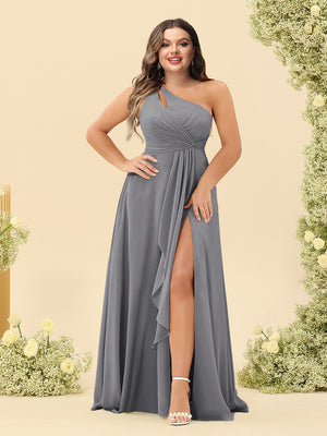 A-Line/Princess One-Shoulder Long Bridesmaid Plus Size Dresses with Split Side