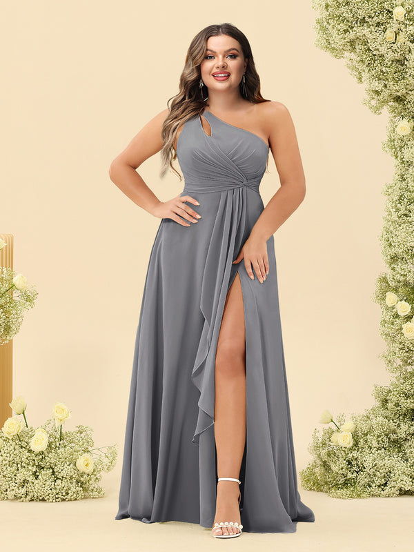 A-Line/Princess One-Shoulder Long Bridesmaid Plus Size Dresses with Split Side