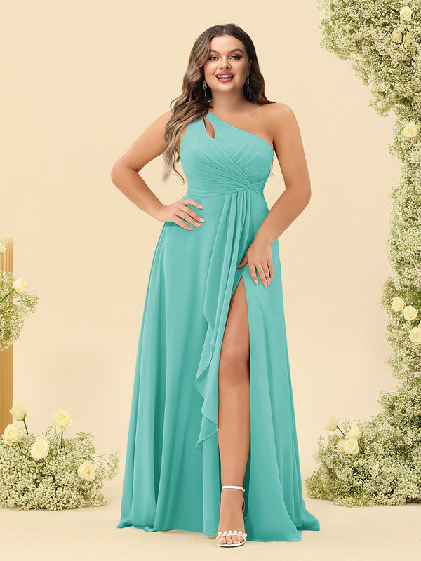 A-Line/Princess One-Shoulder Long Bridesmaid Plus Size Dresses with Split Side