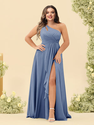 A-Line/Princess One-Shoulder Long Bridesmaid Plus Size Dresses with Split Side