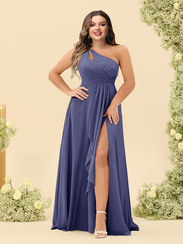 A-Line/Princess One-Shoulder Long Bridesmaid Plus Size Dresses with Split Side