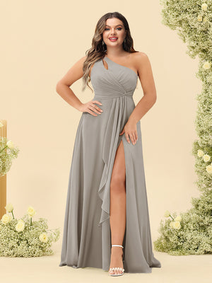 A-Line/Princess One-Shoulder Long Bridesmaid Plus Size Dresses with Split Side