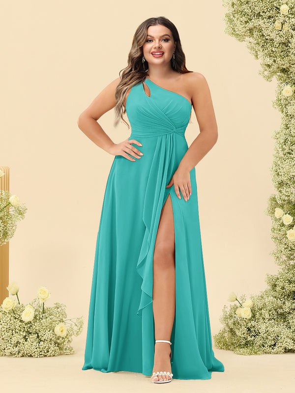 A-Line/Princess One-Shoulder Long Bridesmaid Plus Size Dresses with Split Side
