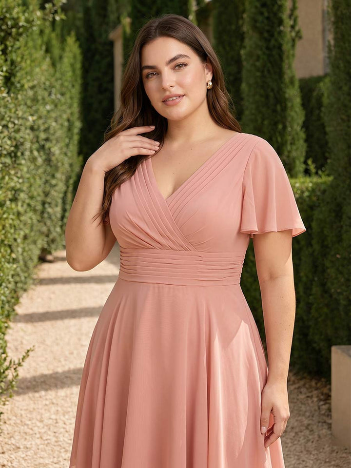 A-Line/Princess V-Neck Short Sleeves Asymmetrical Plus Size Bridesmaid Dresses with Ruffles