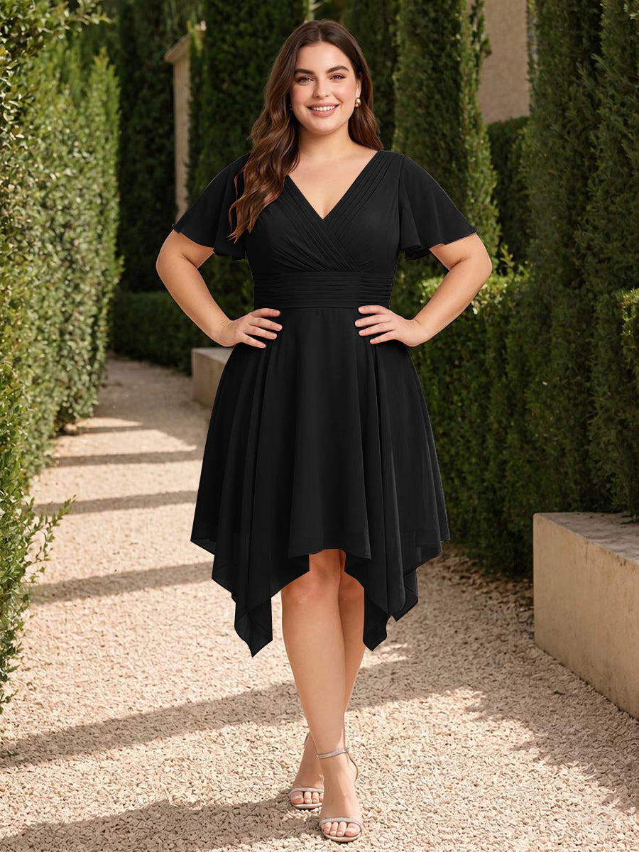 A-Line/Princess V-Neck Short Sleeves Asymmetrical Plus Size Bridesmaid Dresses with Ruffles