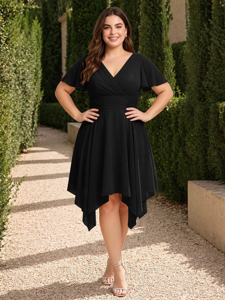 A-Line/Princess V-Neck Short Sleeves Asymmetrical Plus Size Bridesmaid Dresses with Ruffles