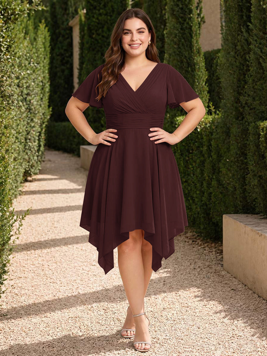 A-Line/Princess V-Neck Short Sleeves Asymmetrical Plus Size Bridesmaid Dresses with Ruffles