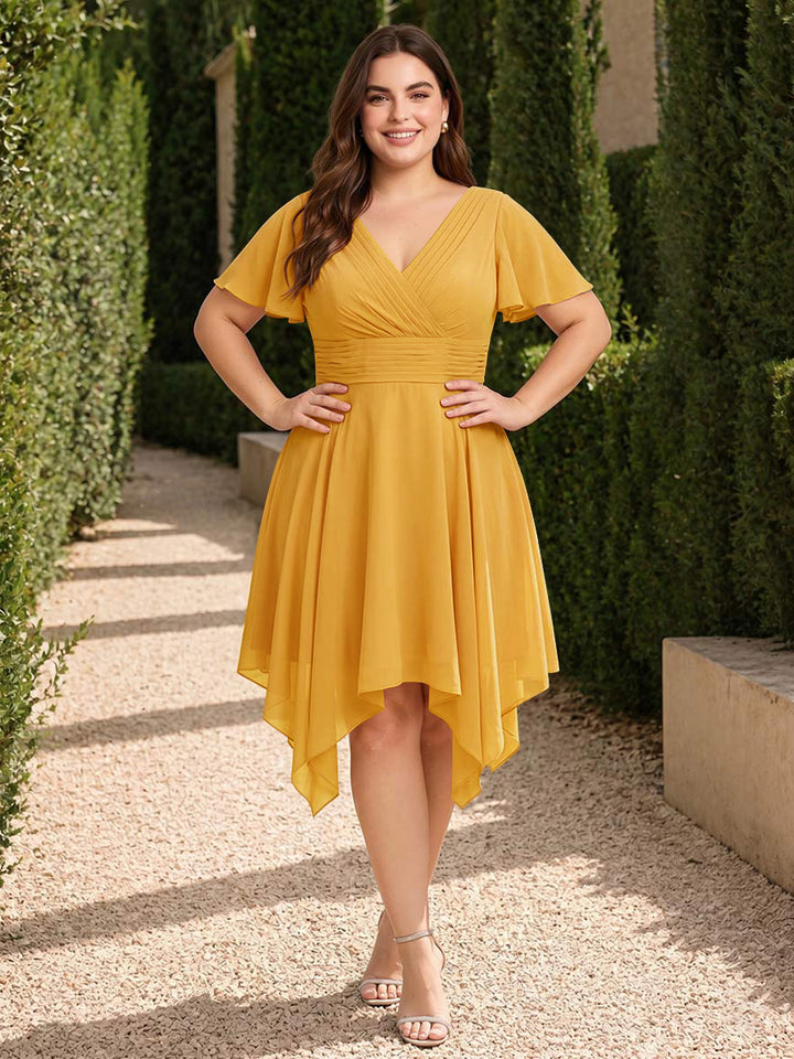 A-Line/Princess V-Neck Short Sleeves Asymmetrical Plus Size Bridesmaid Dresses with Ruffles