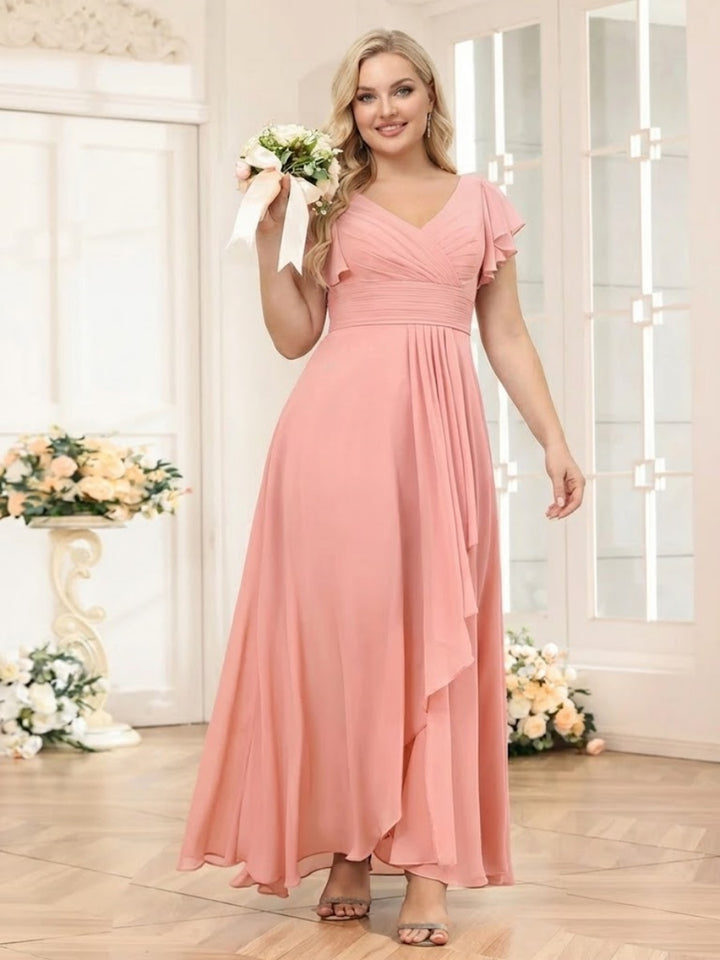 A-Line/Princess V-Neck Long Plus Size Wedding Party Dresses with Ruffles