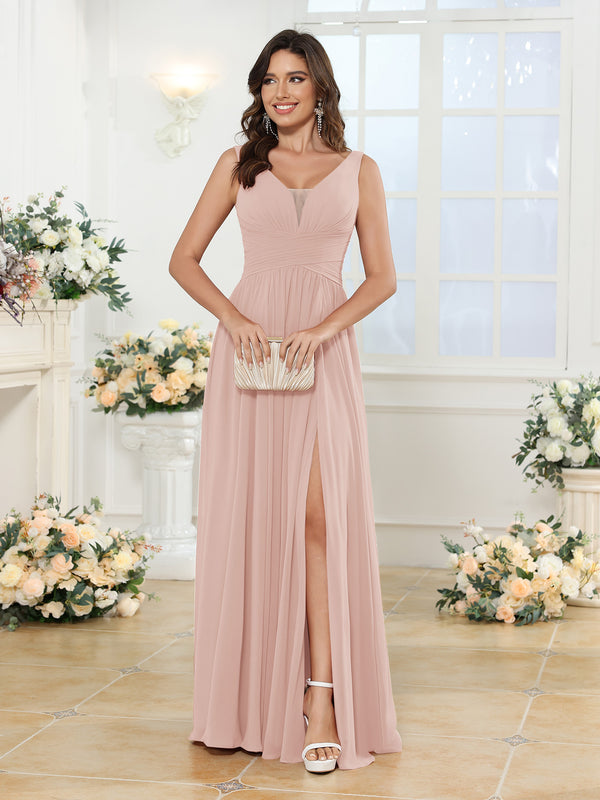 A-Line/Princess V-Neck Long Wedding Party Dresses with Split Side & Pockets