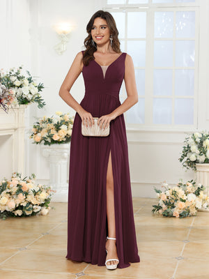 A-Line/Princess V-Neck Long Wedding Party Dresses with Split Side & Pockets