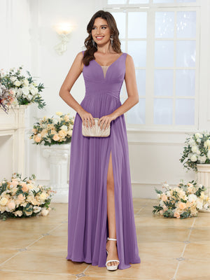 A-Line/Princess V-Neck Long Wedding Party Dresses with Split Side & Pockets