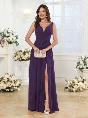 A-Line/Princess V-Neck Long Wedding Party Dresses with Split Side & Pockets