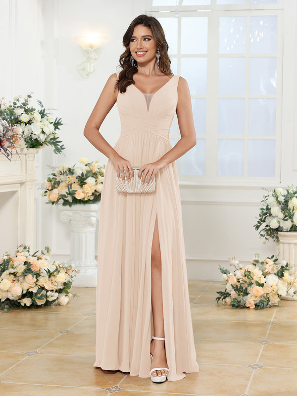 A-Line/Princess V-Neck Long Wedding Party Dresses with Split Side & Pockets
