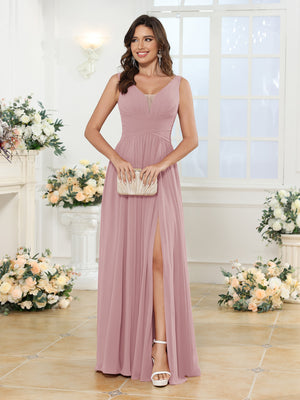 A-Line/Princess V-Neck Long Wedding Party Dresses with Split Side & Pockets