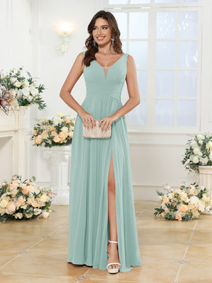 A-Line/Princess V-Neck Long Wedding Party Dresses with Split Side & Pockets