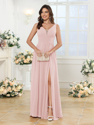 A-Line/Princess V-Neck Long Wedding Party Dresses with Split Side & Pockets