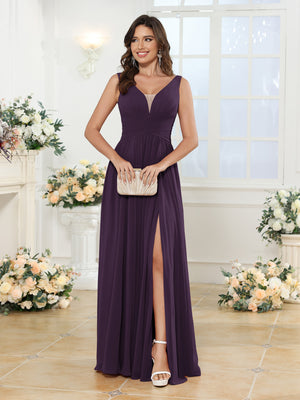 A-Line/Princess V-Neck Long Wedding Party Dresses with Split Side & Pockets