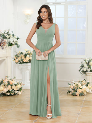 A-Line/Princess V-Neck Long Wedding Party Dresses with Split Side & Pockets
