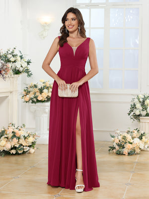 A-Line/Princess V-Neck Long Wedding Party Dresses with Split Side & Pockets