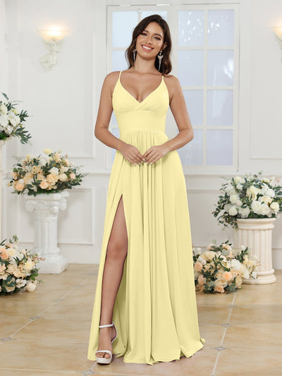 A-Line/Princess Spaghetti Straps Long Wedding Party Dresses with Split Side