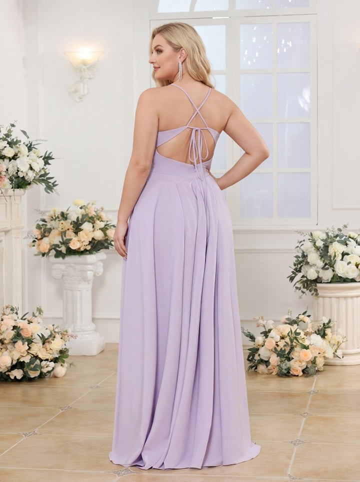 A-Line/Princess Spaghetti Straps Long Plus Size Wedding Party Dresses with Split Side