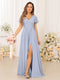 A-Line/Princess V-Neck Short Sleeves Long Bridesmaid Dresses with Split Side