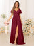 A-Line/Princess V-Neck Short Sleeves Long Bridesmaid Dresses with Split Side