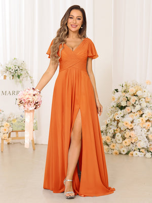A-Line/Princess V-Neck Short Sleeves Long Bridesmaid Dresses with Split Side