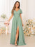 A-Line/Princess V-Neck Short Sleeves Long Bridesmaid Dresses with Split Side