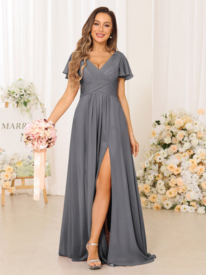 A-Line/Princess V-Neck Short Sleeves Long Bridesmaid Dresses with Split Side