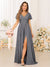 A-Line/Princess V-Neck Short Sleeves Long Bridesmaid Dresses with Split Side