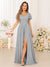 A-Line/Princess V-Neck Short Sleeves Long Bridesmaid Dresses with Split Side