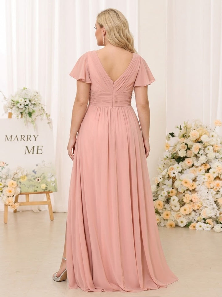 A-Line/Princess V-Neck Short Sleeves Long Plus Size Bridesmaid Dresses with Split Side
