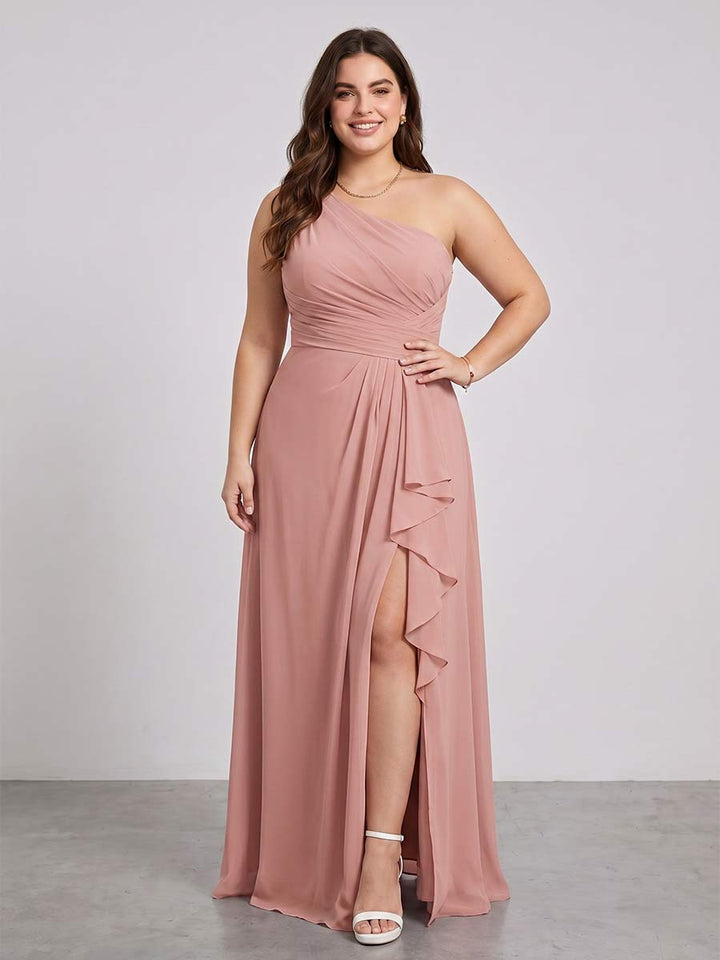 A-Line/Princess One-Shoulder Long Plus Size Bridesmaid Dresses with Split Side &amp; Ruched