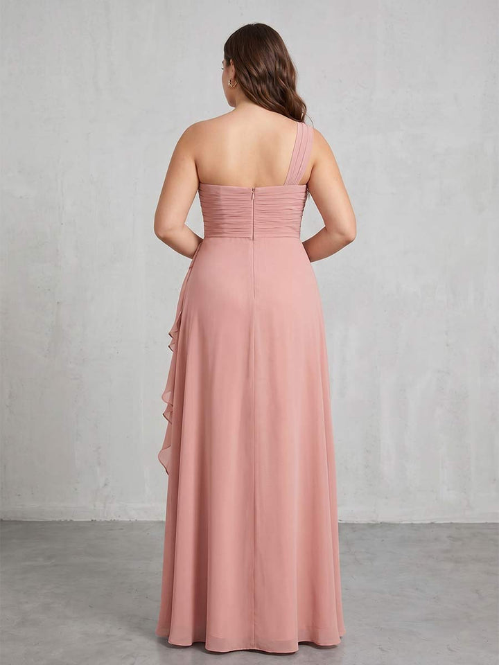 A-Line/Princess One-Shoulder Long Plus Size Bridesmaid Dresses with Split Side &amp; Ruched