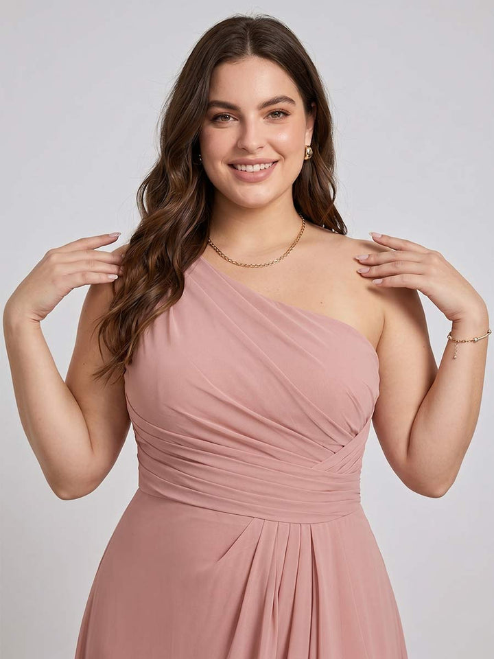A-Line/Princess One-Shoulder Long Plus Size Bridesmaid Dresses with Split Side &amp; Ruched