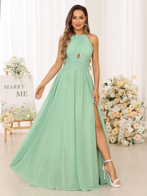 A Line/Princess Halter Long Bridesmaid Dresses with Split Side