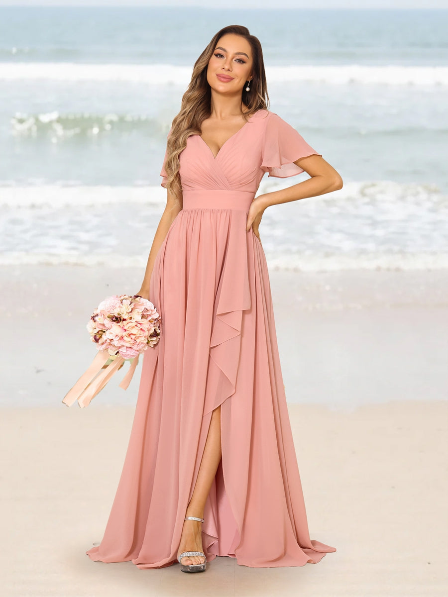 A-Line/Princess V-Neck Short Sleeves Long Bridesmaid Dresses With Split Side