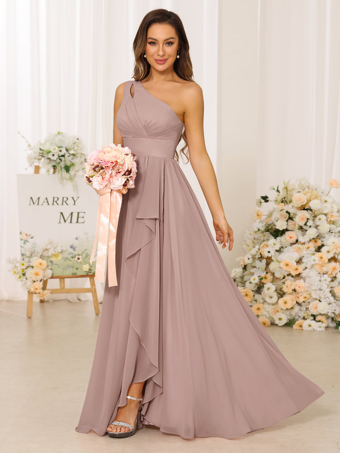 A-Line/Princess One-Shoulder Long Bridesmaid Dresses With Split Side