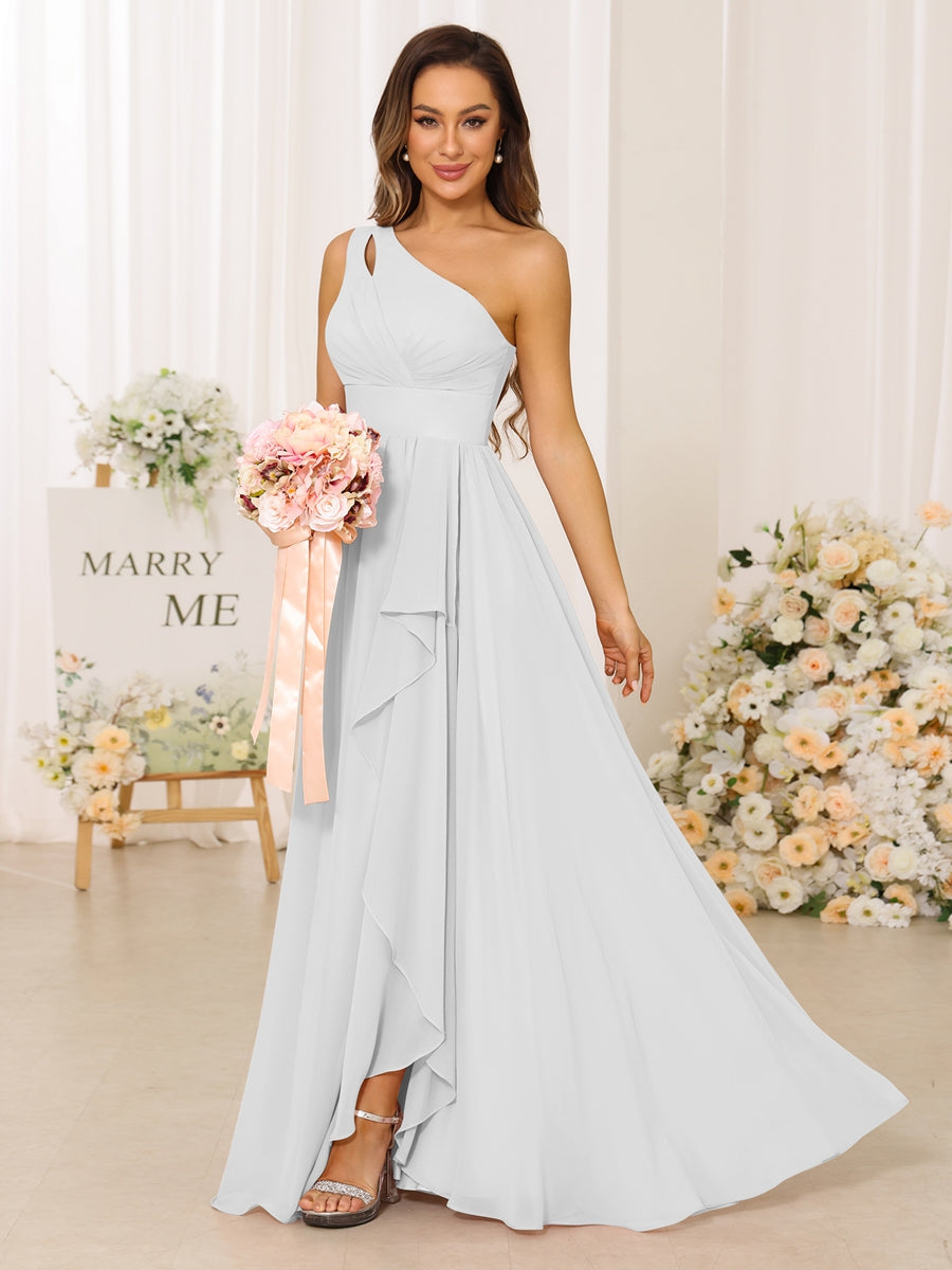 Lavetir Bridesmaid Dresses Silver A-Line/Princess One-Shoulder Long with Split Side 2026